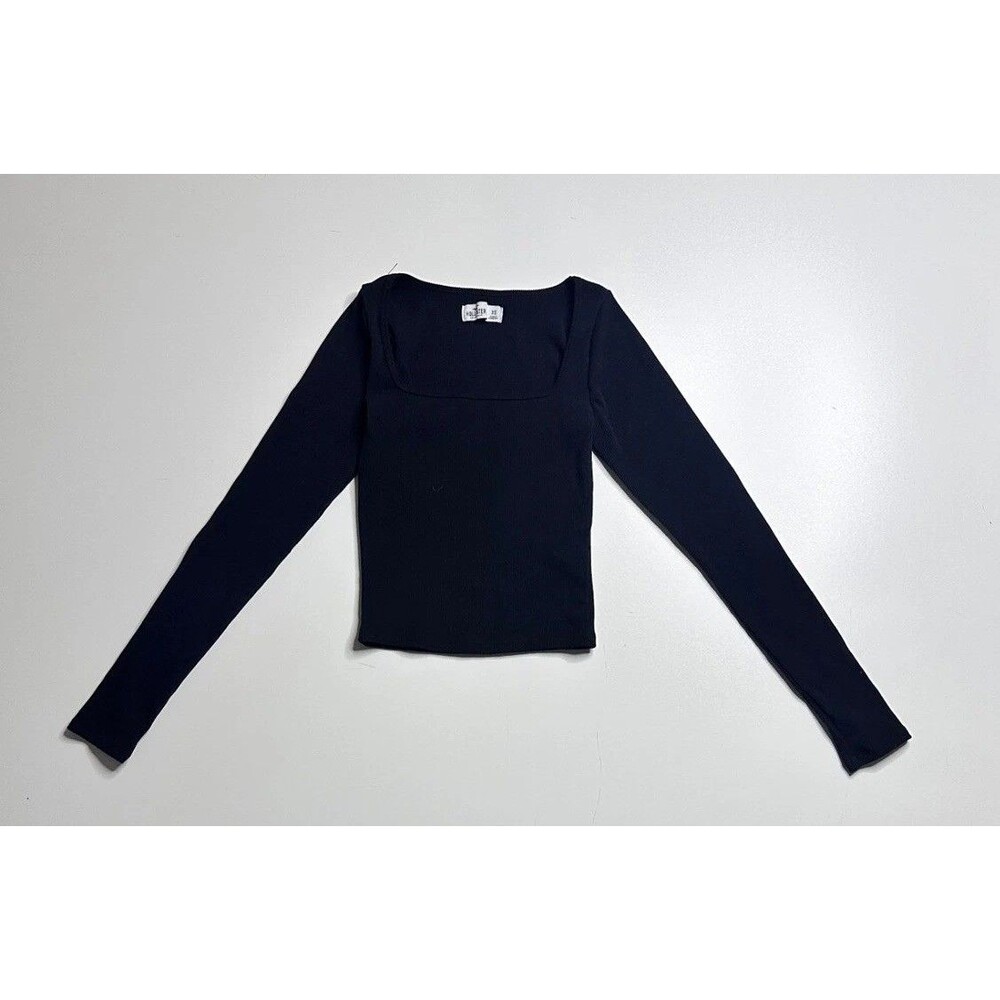 Hollister Square Neck Long Sleeve Ribbed Crop Top Navy XS